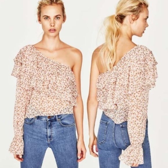 Zara Tops - NWT Zara Floral One Shoulder Layered Ruffle Blouse